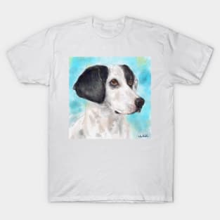 Watercolor Painting of a Black and White Dog on Light Blue Background T-Shirt